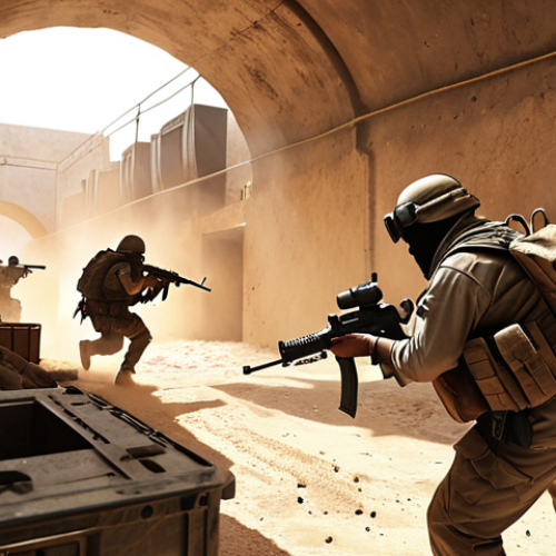 Dust 2 - Intense firefight in the tunnels**

A chaotic scene in the Dust 2 tunnels.  Counter-Terrorists are pinned down behind crates, exchanging fire with Terrorists advancing through a cloud of smoke. Focus on gritty realism and the claustrophobic feel of the map.

**