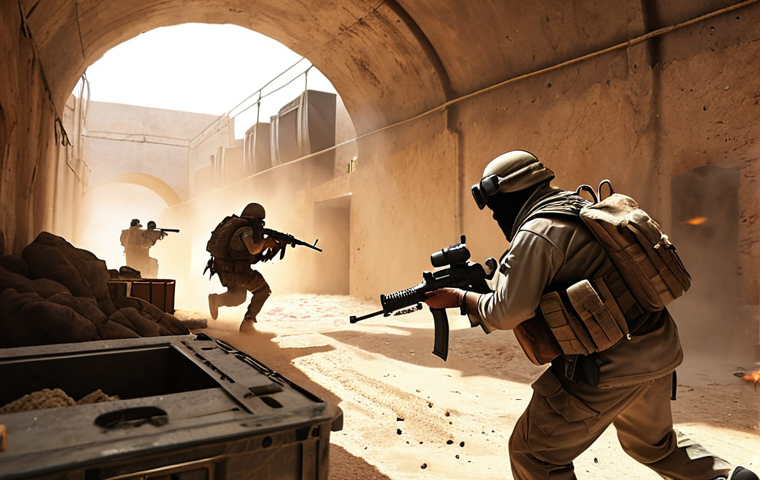 Dust 2 - Intense firefight in the tunnels**
A chaotic scene in the Dust 2 tunnels. Counter-Terrorists are pinned down behind crates, exchanging fire with Terrorists advancing through a cloud of smoke. Focus on gritty realism and the claustrophobic feel of the map.
**
